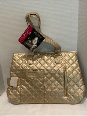 Quilted Metallic Gold Tote Bag  House of Taylor NY Elizabeth Taylor cosmetic bag
